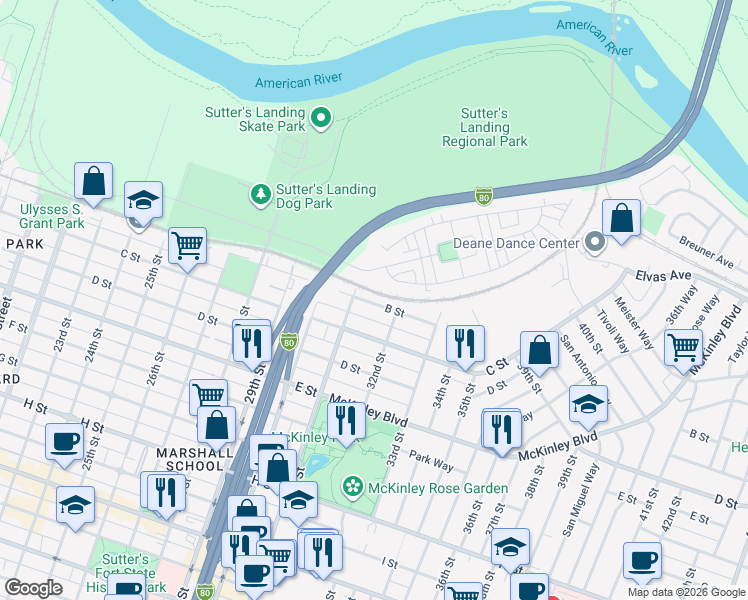 map of restaurants, bars, coffee shops, grocery stores, and more near 3119 B Street in Sacramento