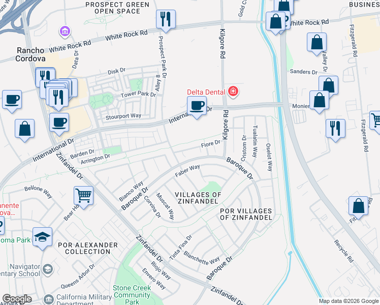 map of restaurants, bars, coffee shops, grocery stores, and more near 11018 Fiore Drive in Rancho Cordova