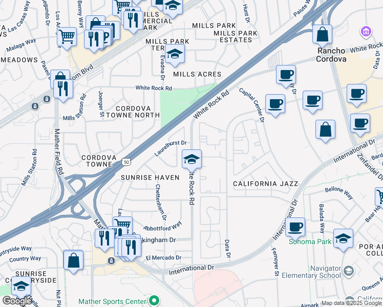 map of restaurants, bars, coffee shops, grocery stores, and more near 10399 South White Rock Road in Rancho Cordova