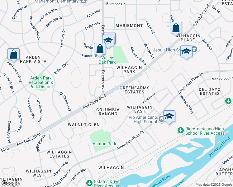 map of restaurants, bars, coffee shops, grocery stores, and more near 4348 Fair Oaks Boulevard in Sacramento