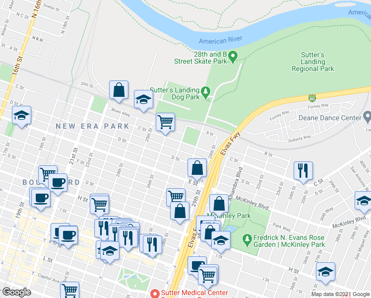 map of restaurants, bars, coffee shops, grocery stores, and more near 307 27th Street in Sacramento