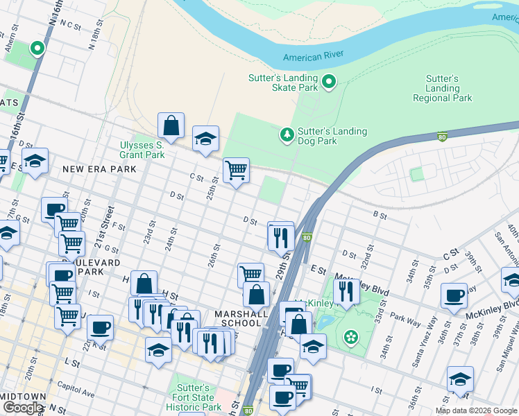 map of restaurants, bars, coffee shops, grocery stores, and more near 307 27th Street in Sacramento
