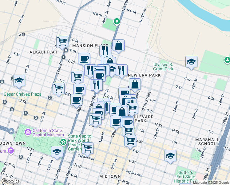 map of restaurants, bars, coffee shops, grocery stores, and more near 603 18th Street in Sacramento