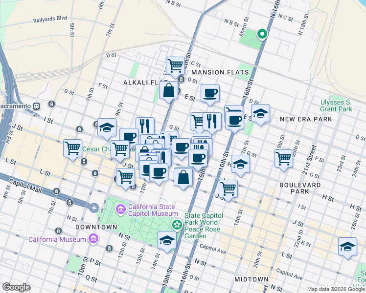 map of restaurants, bars, coffee shops, grocery stores, and more near 1301 H Street in Sacramento