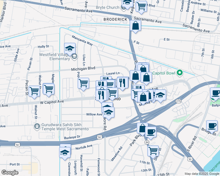 map of restaurants, bars, coffee shops, grocery stores, and more near 1621 Madrone Avenue in West Sacramento