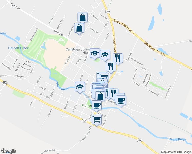 map of restaurants, bars, coffee shops, grocery stores, and more near 1502 Park Street in Calistoga