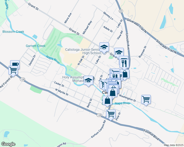 map of restaurants, bars, coffee shops, grocery stores, and more near 1414 Lake Street in Calistoga