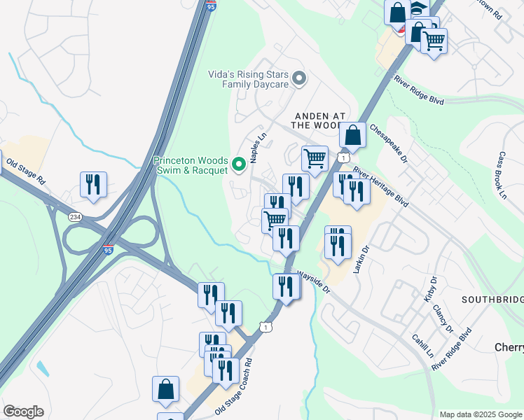 map of restaurants, bars, coffee shops, grocery stores, and more near 3371 Yost Lane in Dumfries