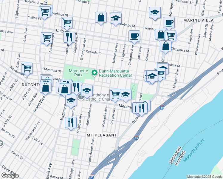 map of restaurants, bars, coffee shops, grocery stores, and more near 2833 Gasconade Street in St. Louis