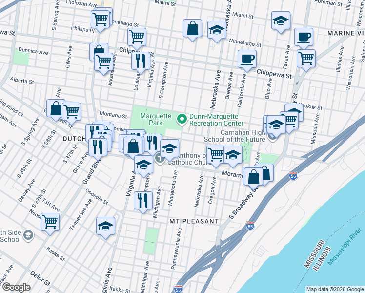 map of restaurants, bars, coffee shops, grocery stores, and more near 4110 Minnesota Avenue in St. Louis