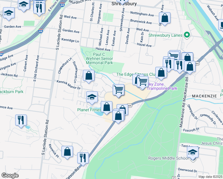 map of restaurants, bars, coffee shops, grocery stores, and more near 7410 Triwoods Drive in St. Louis