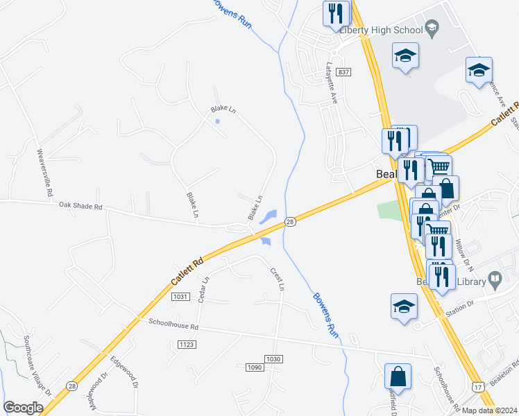 map of restaurants, bars, coffee shops, grocery stores, and more near 11037 Blake Lane in Bealeton