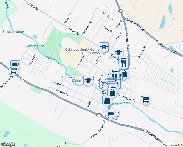 map of restaurants, bars, coffee shops, grocery stores, and more near 1414 Lake Street in Calistoga
