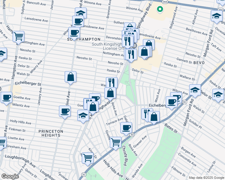 map of restaurants, bars, coffee shops, grocery stores, and more near 5311 South Kingshighway Boulevard in Saint Louis