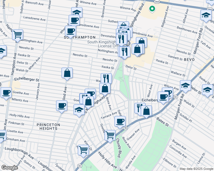 map of restaurants, bars, coffee shops, grocery stores, and more near 5311 South Kingshighway Boulevard in St. Louis