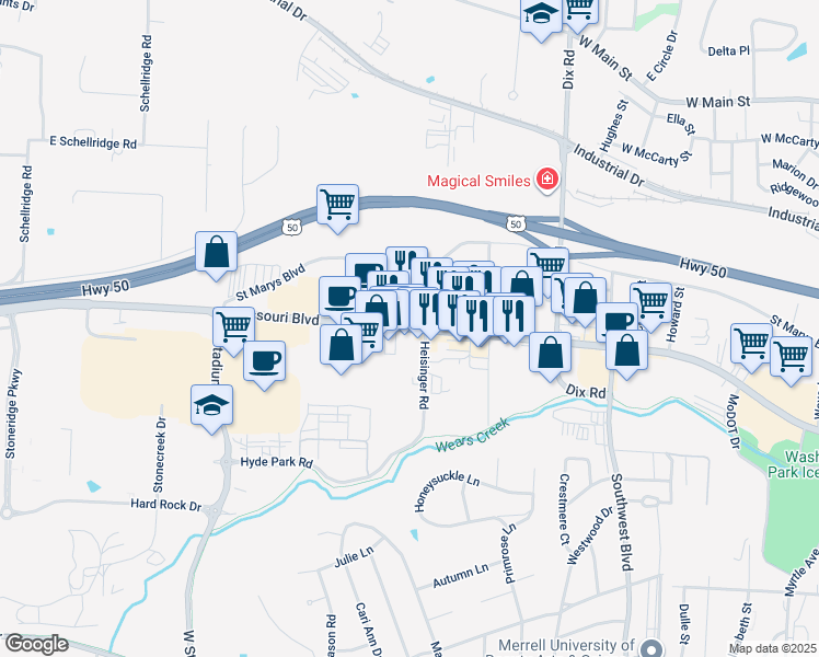 map of restaurants, bars, coffee shops, grocery stores, and more near U.S. 50 Business in Jefferson City