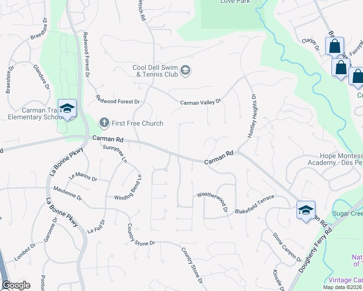 map of restaurants, bars, coffee shops, grocery stores, and more near 686 Carman Meadows Drive in Ballwin