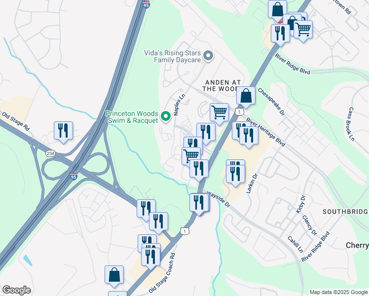map of restaurants, bars, coffee shops, grocery stores, and more near 3371 Yost Lane in Dumfries