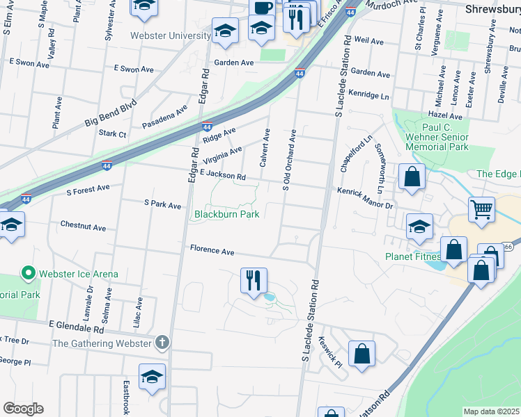 map of restaurants, bars, coffee shops, grocery stores, and more near 439 Landscape Court in Webster Groves