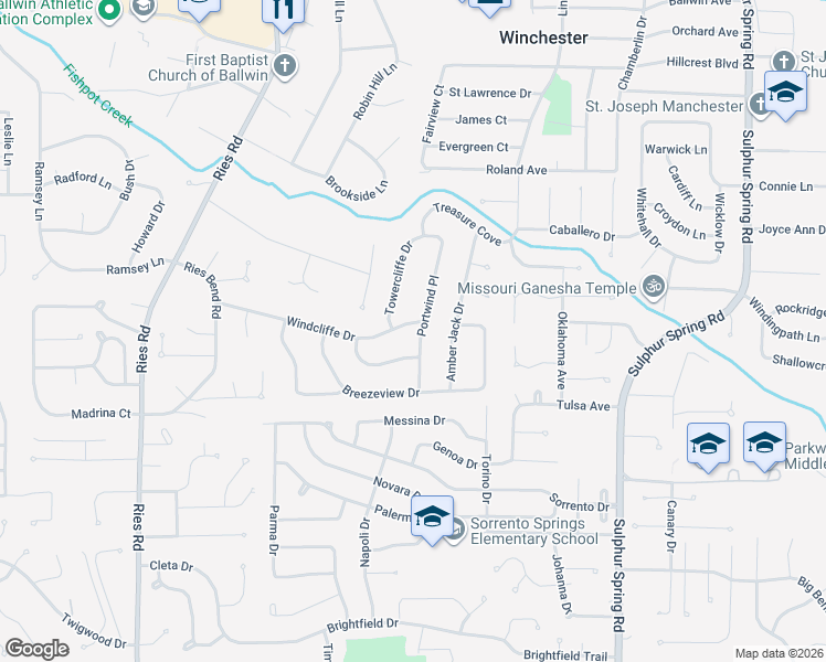 map of restaurants, bars, coffee shops, grocery stores, and more near 100 Windcliffe Drive in Ballwin