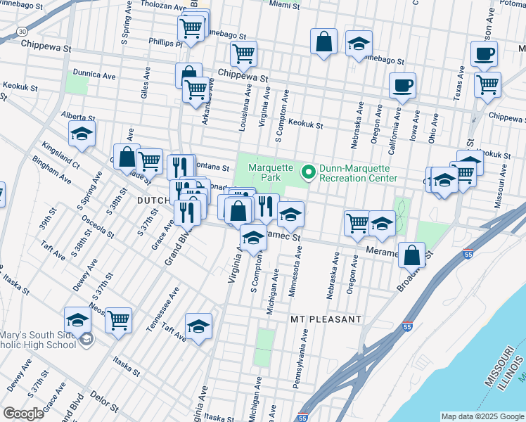 map of restaurants, bars, coffee shops, grocery stores, and more near 4127 South Compton Avenue in St. Louis