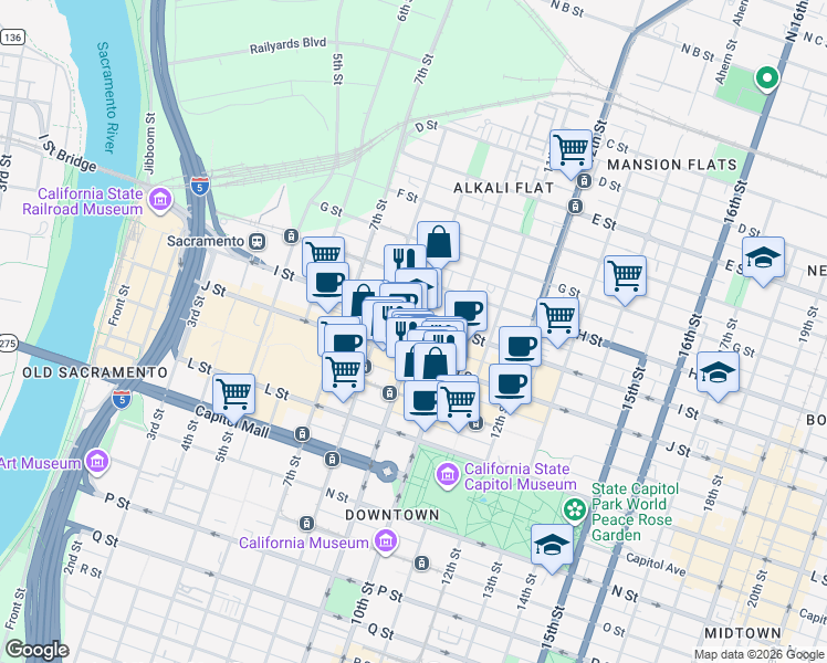 map of restaurants, bars, coffee shops, grocery stores, and more near in Sacramento