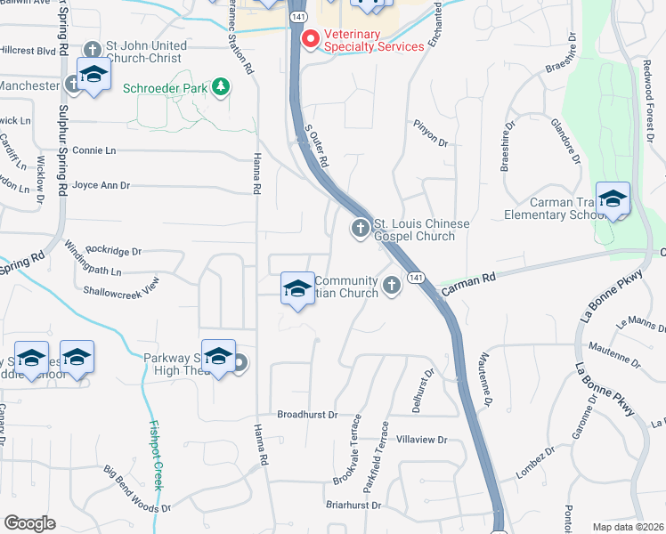 map of restaurants, bars, coffee shops, grocery stores, and more near 938 Queensbridge Road in Ballwin