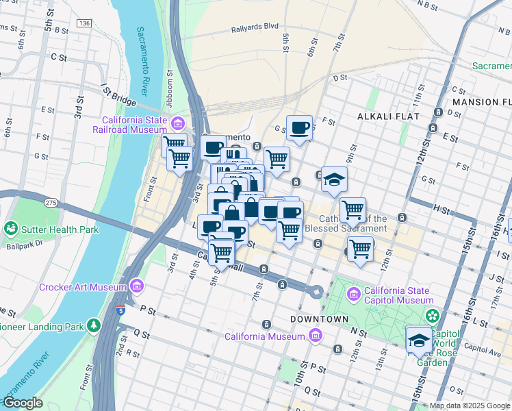 map of restaurants, bars, coffee shops, grocery stores, and more near 630 K Street in Sacramento