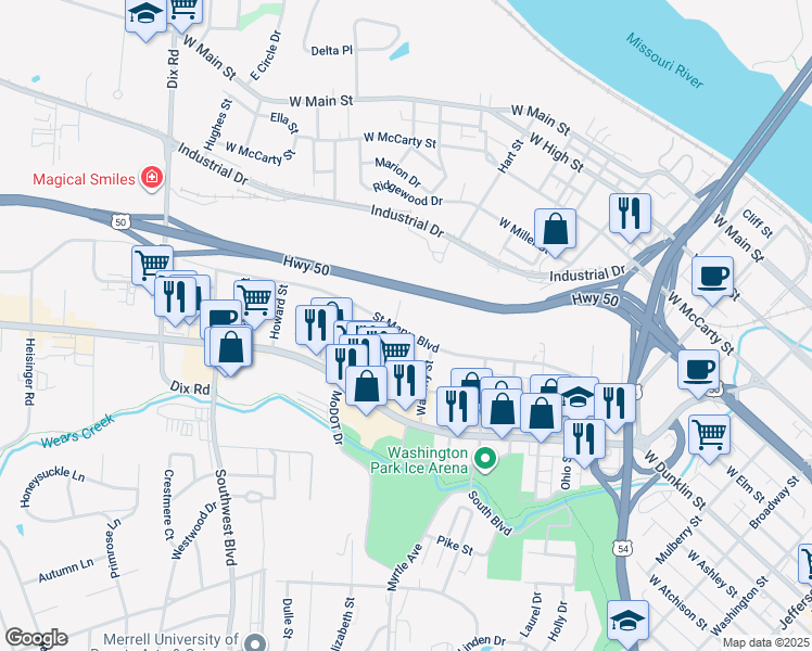 map of restaurants, bars, coffee shops, grocery stores, and more near 1418 Saint Marys Boulevard in Jefferson City