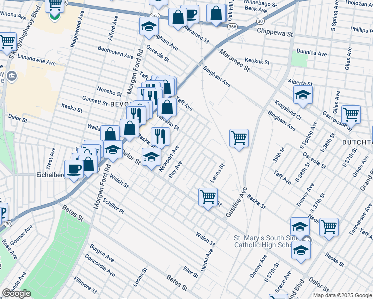 map of restaurants, bars, coffee shops, grocery stores, and more near 4627 Ray Avenue in St. Louis
