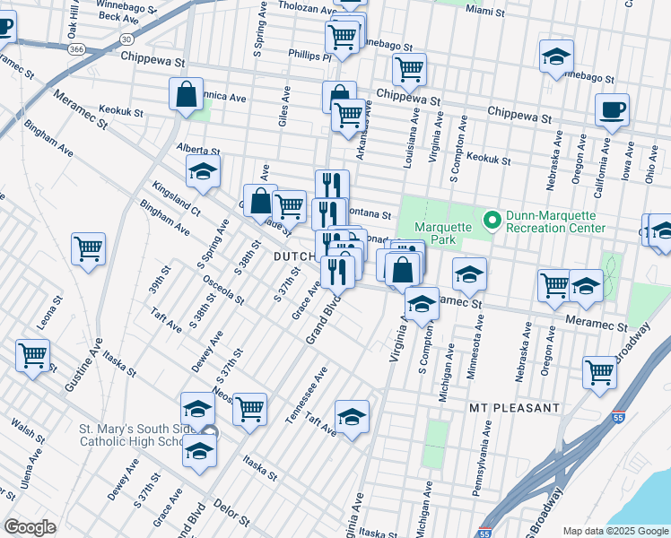 map of restaurants, bars, coffee shops, grocery stores, and more near 4135 South Grand Boulevard in St. Louis