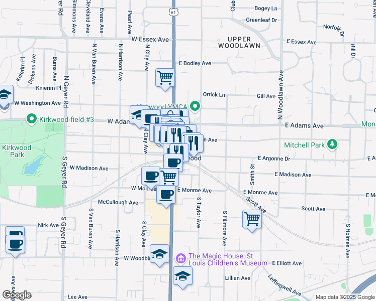 map of restaurants, bars, coffee shops, grocery stores, and more near 127 East Argonne Drive in Kirkwood