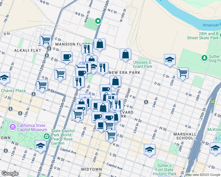 map of restaurants, bars, coffee shops, grocery stores, and more near 1903 F Street in Sacramento