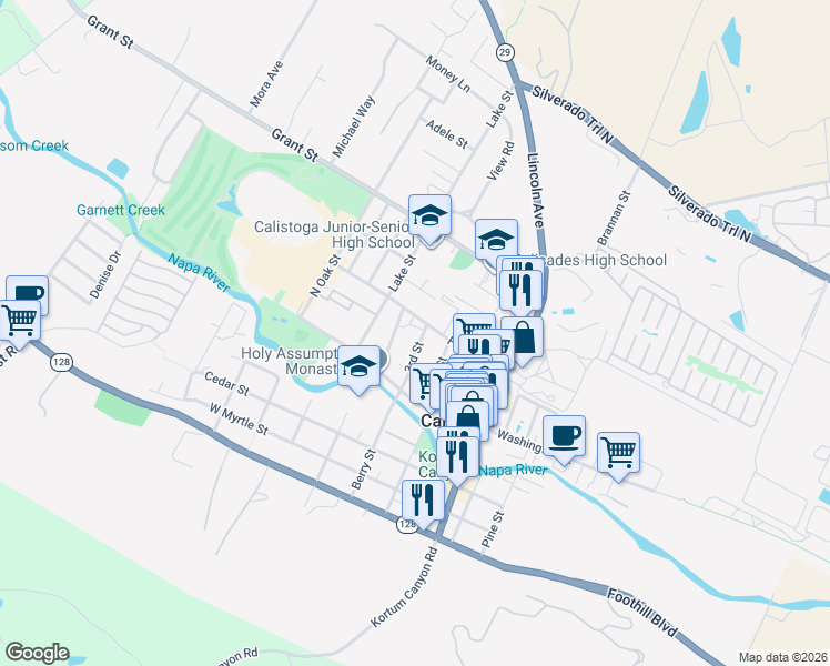 map of restaurants, bars, coffee shops, grocery stores, and more near 1443 3rd Street in Calistoga