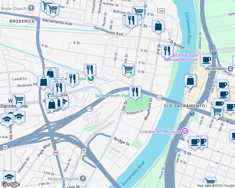 map of restaurants, bars, coffee shops, grocery stores, and more near 802 Delta Lane in West Sacramento