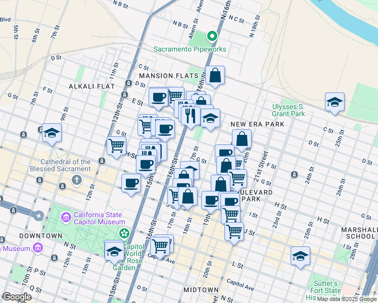 map of restaurants, bars, coffee shops, grocery stores, and more near 1619 G Street in Sacramento
