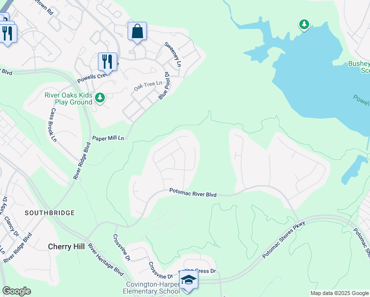 map of restaurants, bars, coffee shops, grocery stores, and more near 17121 Sea Skiff Way in Dumfries