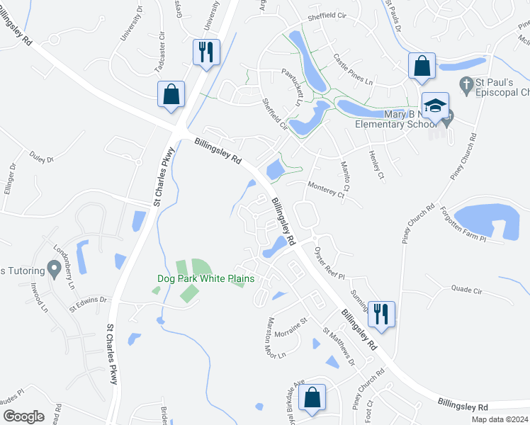 map of restaurants, bars, coffee shops, grocery stores, and more near Saint Martha Drive in Saint Charles