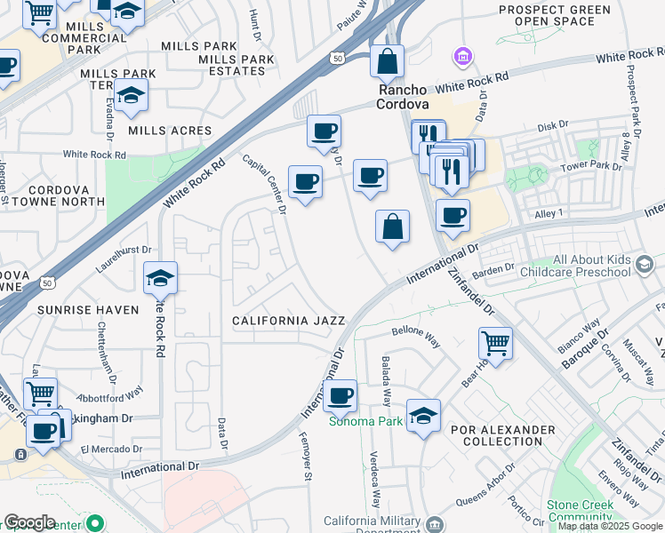 map of restaurants, bars, coffee shops, grocery stores, and more near 3366 Quality Drive in Rancho Cordova