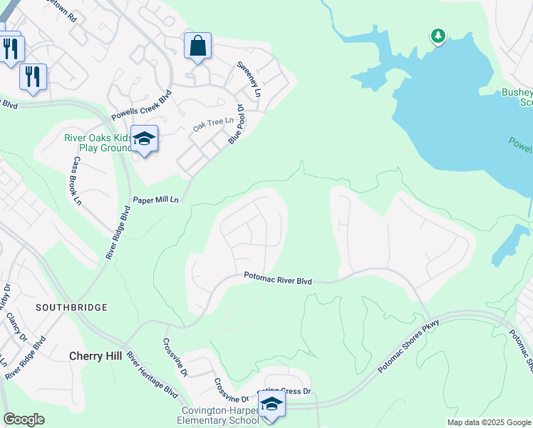 map of restaurants, bars, coffee shops, grocery stores, and more near 17121 Sea Skiff Way in Dumfries