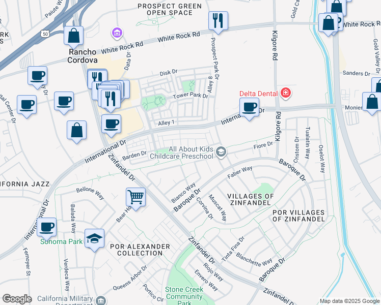 map of restaurants, bars, coffee shops, grocery stores, and more near 10924 Arrington Drive in Rancho Cordova