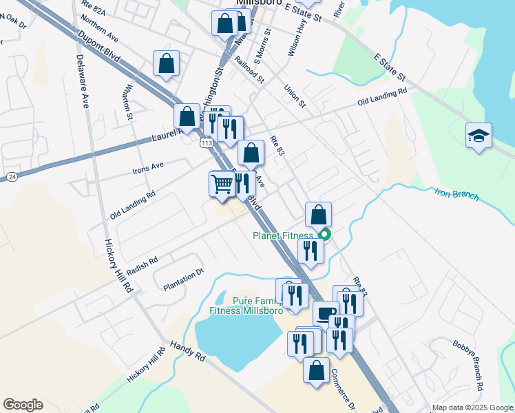 map of restaurants, bars, coffee shops, grocery stores, and more near U.S. 113 & Radish Road in Millsboro