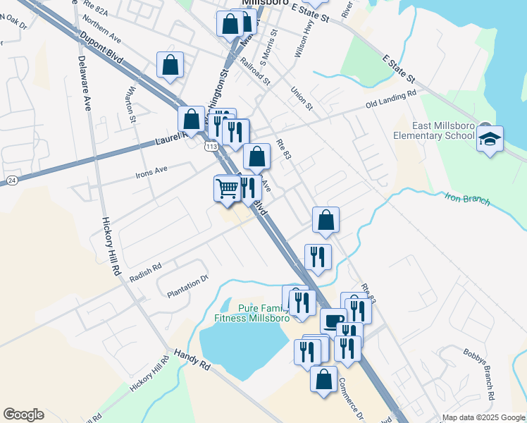 map of restaurants, bars, coffee shops, grocery stores, and more near U.S. 113 & Radish Road in Millsboro