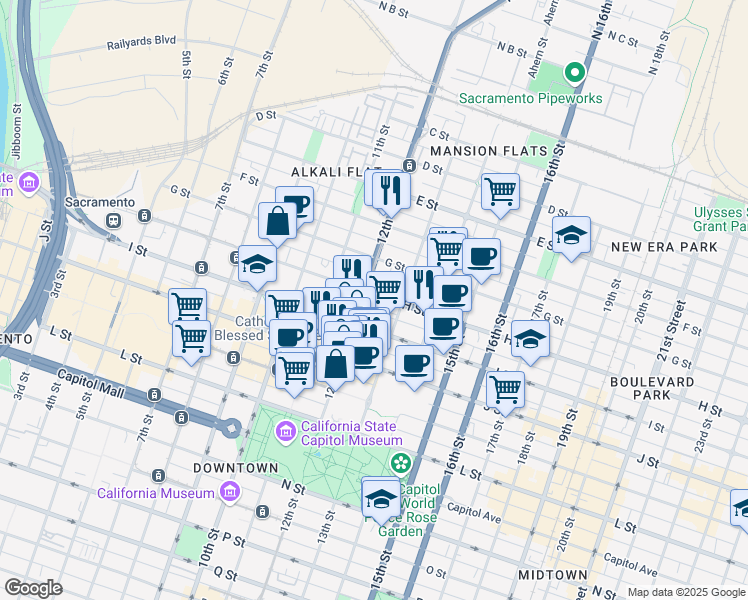 map of restaurants, bars, coffee shops, grocery stores, and more near 1210 H Street in Sacramento
