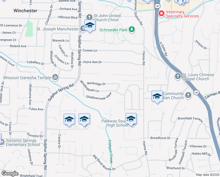 map of restaurants, bars, coffee shops, grocery stores, and more near 767 Windingpath Lane in Ballwin