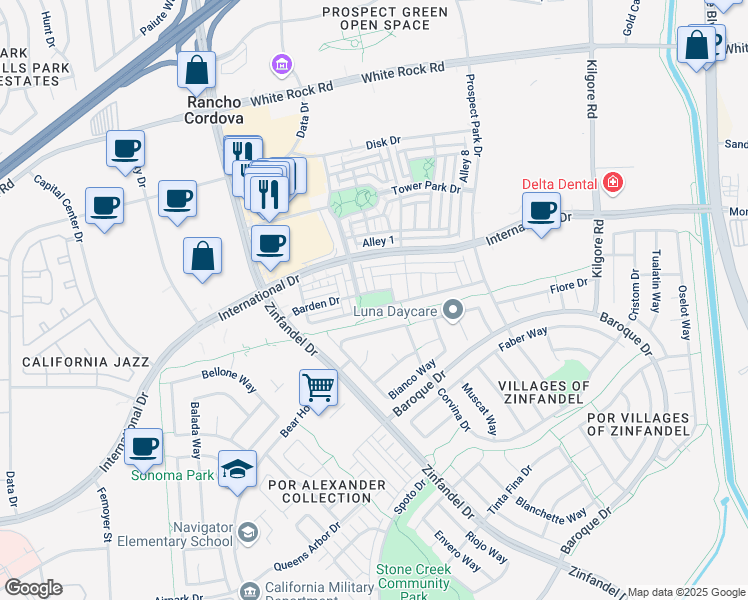 map of restaurants, bars, coffee shops, grocery stores, and more near 10900 Barden Drive in Rancho Cordova