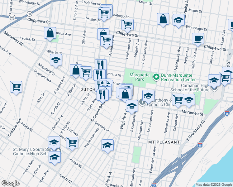 map of restaurants, bars, coffee shops, grocery stores, and more near 3414 Klocke Street in St. Louis