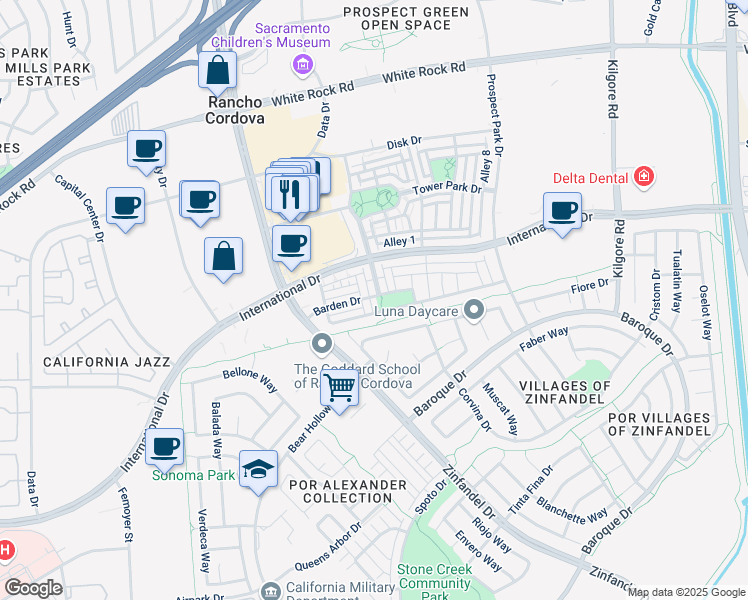 map of restaurants, bars, coffee shops, grocery stores, and more near 3247 Tysley Way in Rancho Cordova