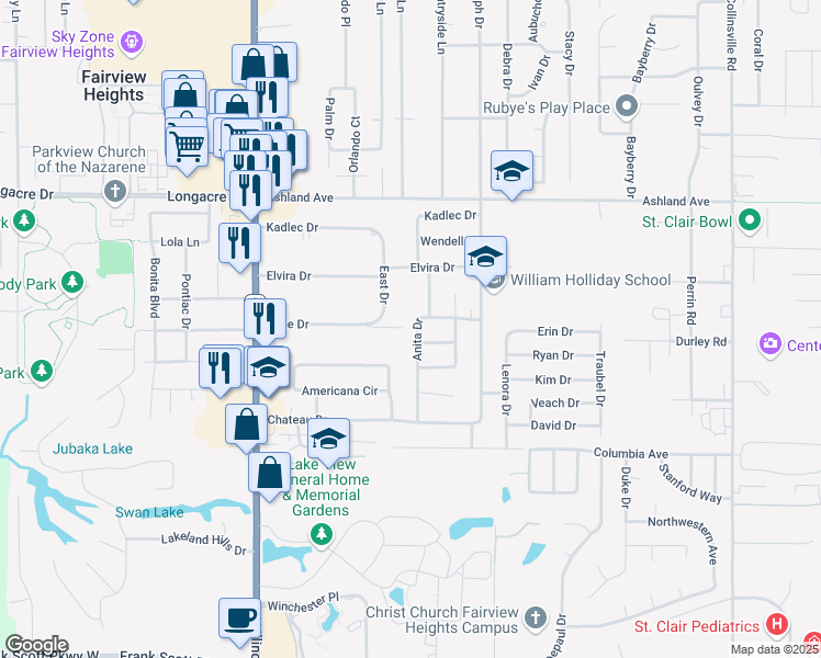 map of restaurants, bars, coffee shops, grocery stores, and more near 429 Anita Drive in Fairview Heights