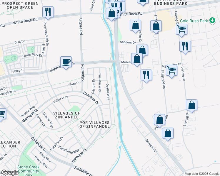 map of restaurants, bars, coffee shops, grocery stores, and more near 3329 Oselot Way in Rancho Cordova